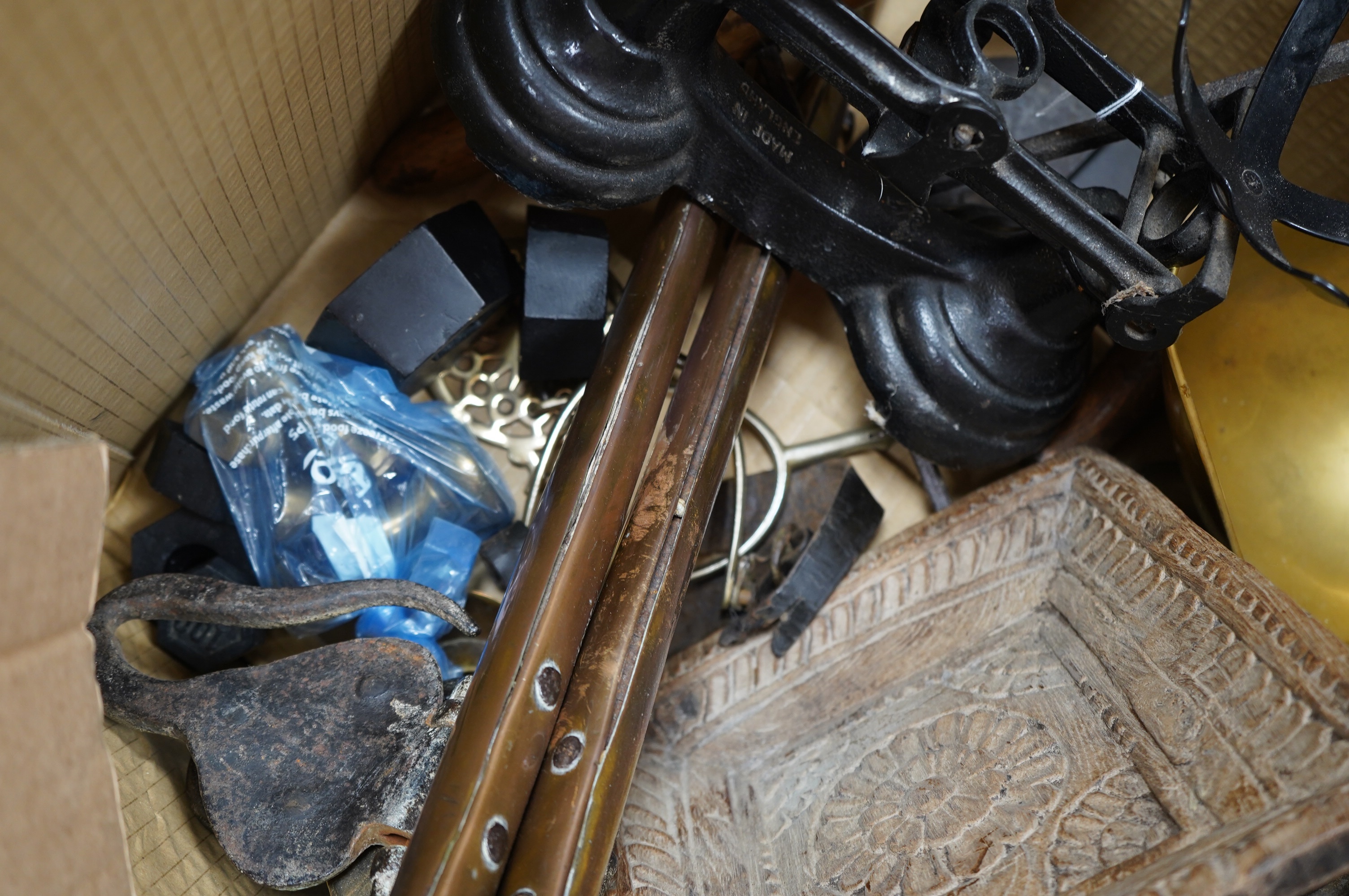 A set of Salter scales and sundry metalware. Condition - poor to fair